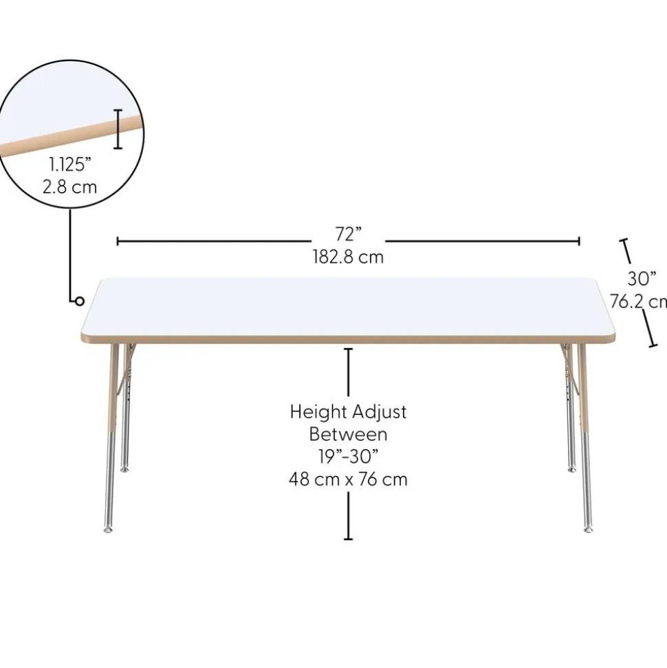 30" x 72" Rectangle Dry-Erase Activity Table with Adjustable Swivel Glide Legs - White/Maple