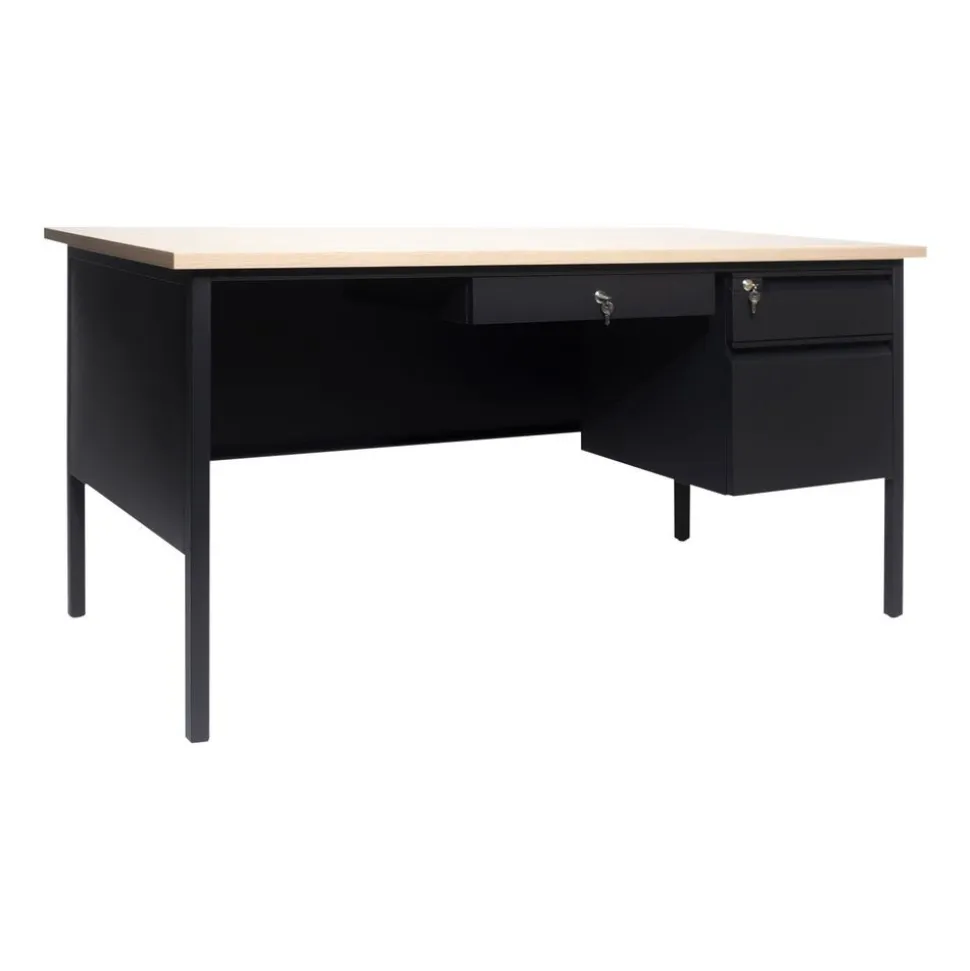 30x60 Right Side Single Pedestal Desk with 3 Locking Drawers, White Oak Top and Black Frame