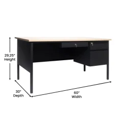 30x60 Right Side Single Pedestal Desk with 3 Locking Drawers, White Oak Top and Black Frame
