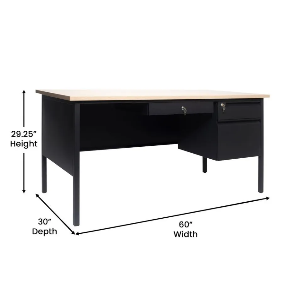 30x60 Right Side Single Pedestal Desk with 3 Locking Drawers, White Oak Top and Black Frame
