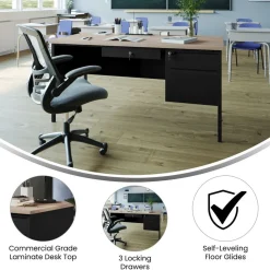 30x60 Right Side Single Pedestal Desk with 3 Locking Drawers, White Oak Top and Black Frame