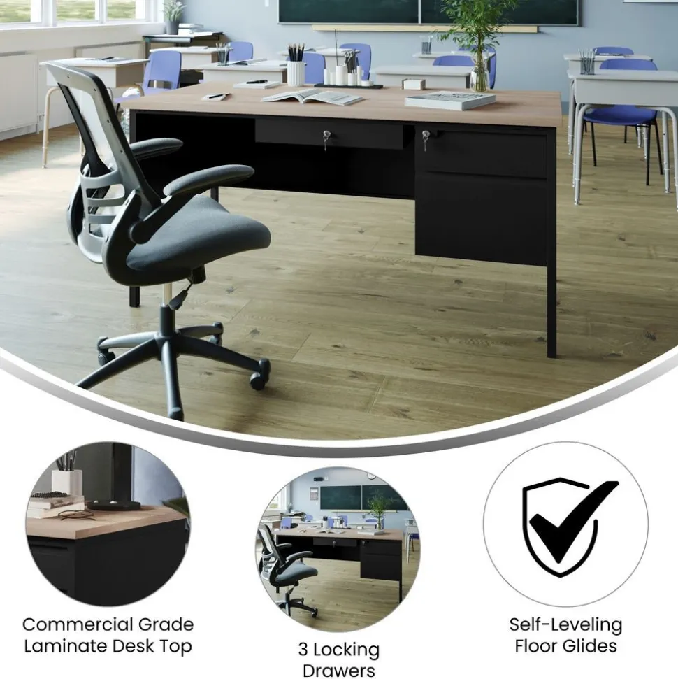 30x60 Right Side Single Pedestal Desk with 3 Locking Drawers, White Oak Top and Black Frame